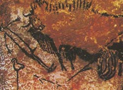 Наскальная живопись. Раненый бизон и мертвый охотник. Пещеры Ласко, Франция. Последний период палеолита