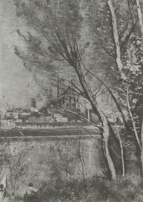 К. Коро. Мант,  кафедральный  собор и город. Вид из-за деревьев утром. 1865-1870.