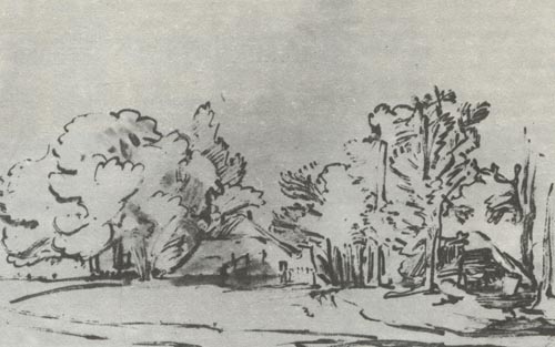Рембрандт. Два хутора. Перо, отмывка. 1657-1658.